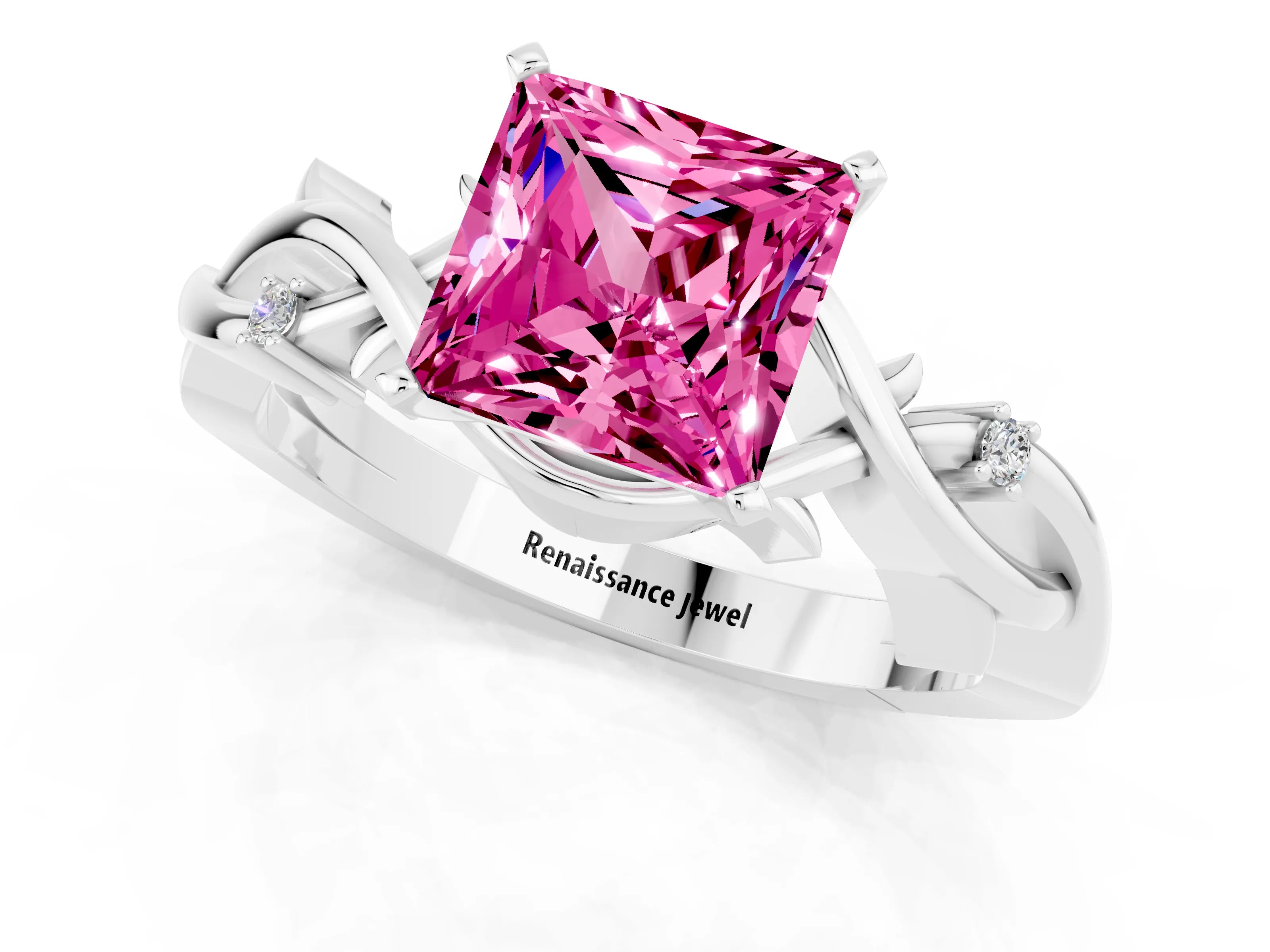 White gold Princess Cut Pink Sapphire Solitaire Ring with Twisted Band and Prong Setting_13