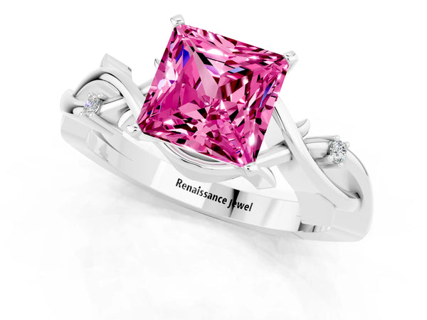 White gold Princess Cut Pink Sapphire Solitaire Ring with Twisted Band and Prong Setting