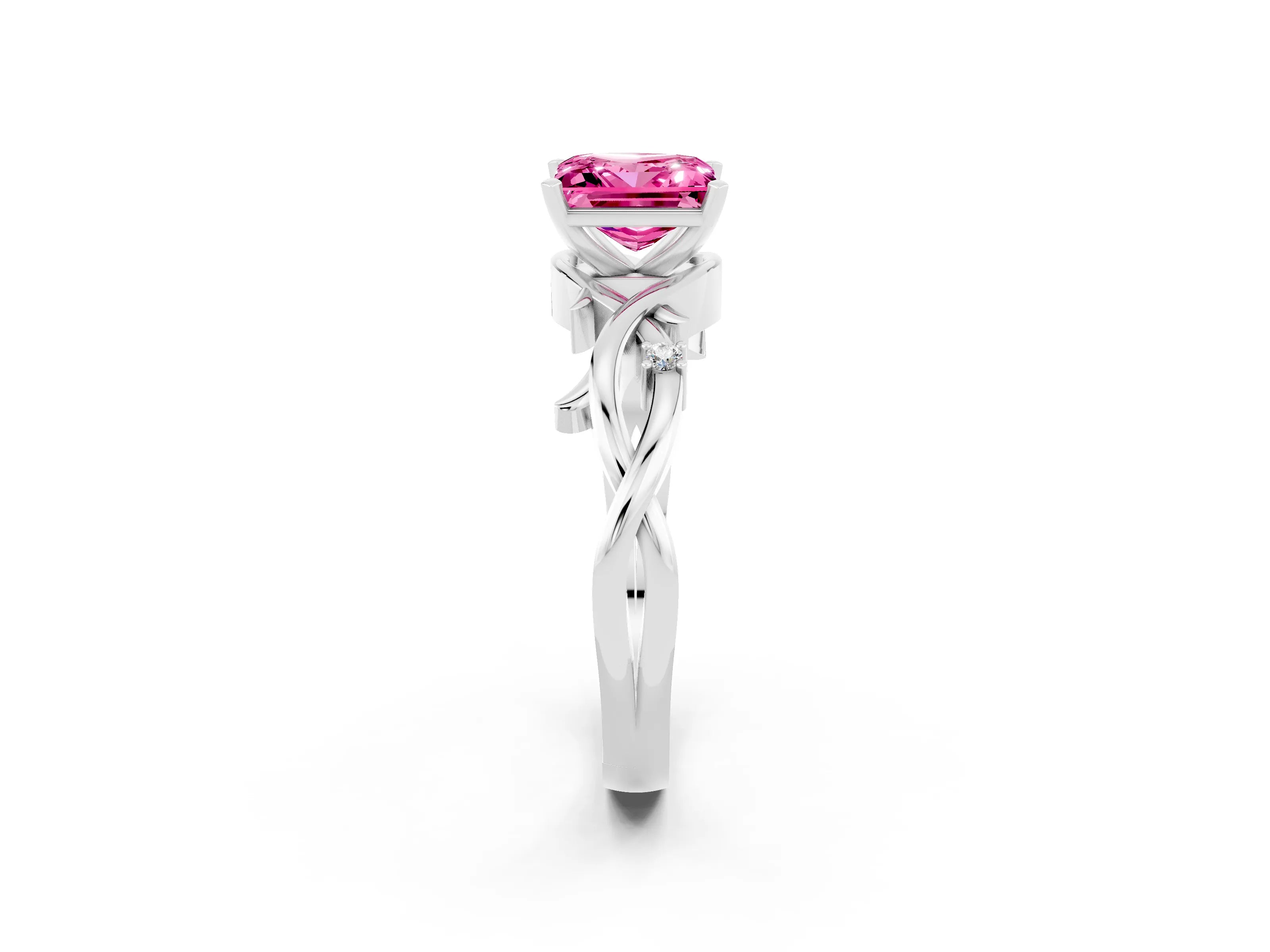 White gold Princess Cut Pink Sapphire Solitaire Ring with Twisted Band and Prong Setting_14