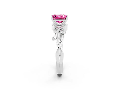 White gold Princess Cut Pink Sapphire Solitaire Ring with Twisted Band and Prong Setting_14