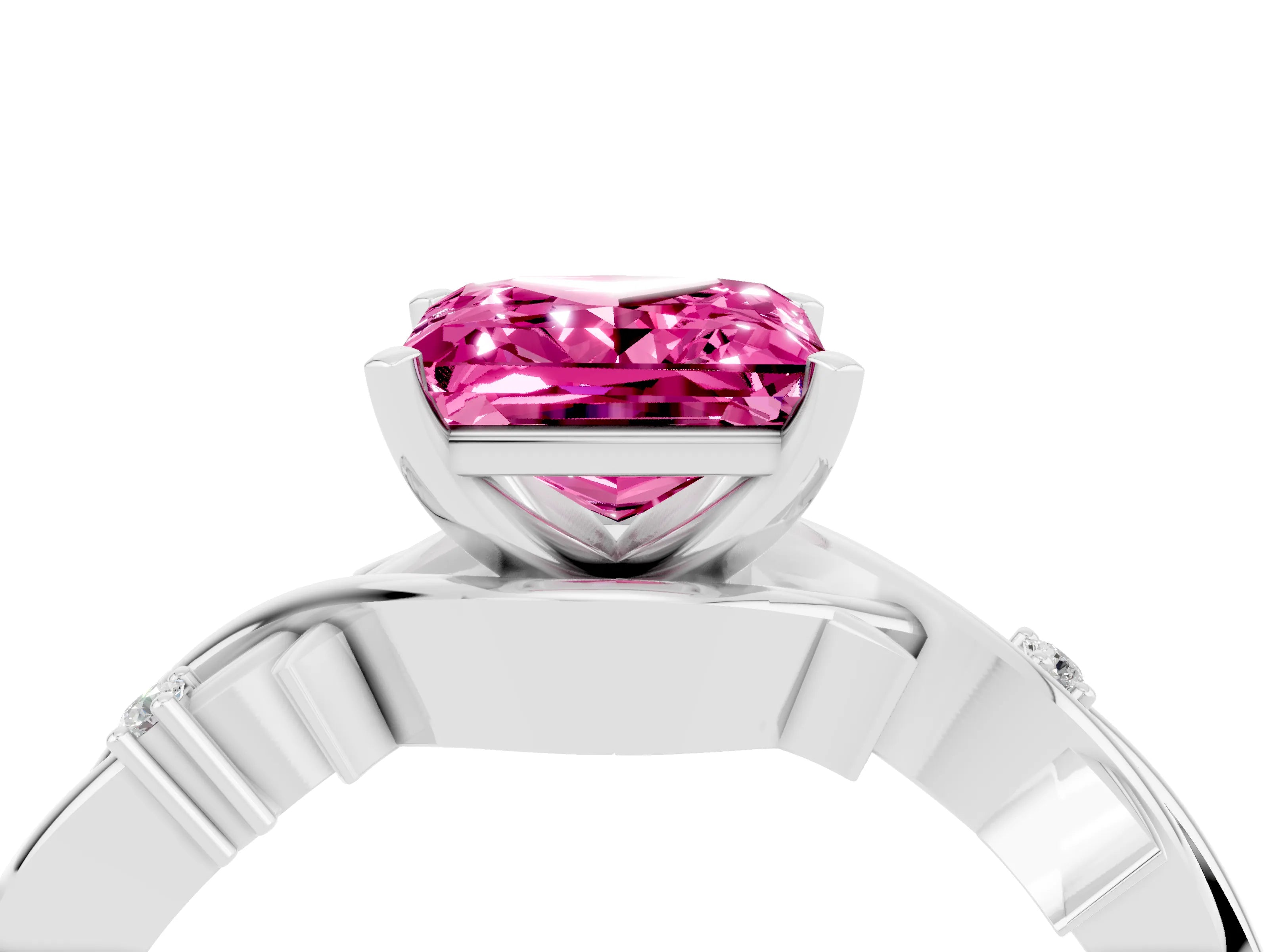 White gold Princess Cut Pink Sapphire Solitaire Ring with Twisted Band and Prong Setting_16