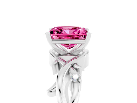 White gold Princess Cut Pink Sapphire Solitaire Ring with Twisted Band and Prong Setting_17