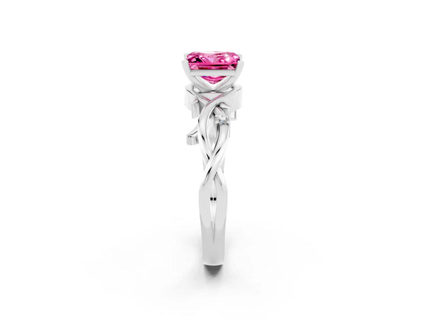 Platinum Princess Cut Pink Sapphire Solitaire Ring with Twisted Band and Prong Setting