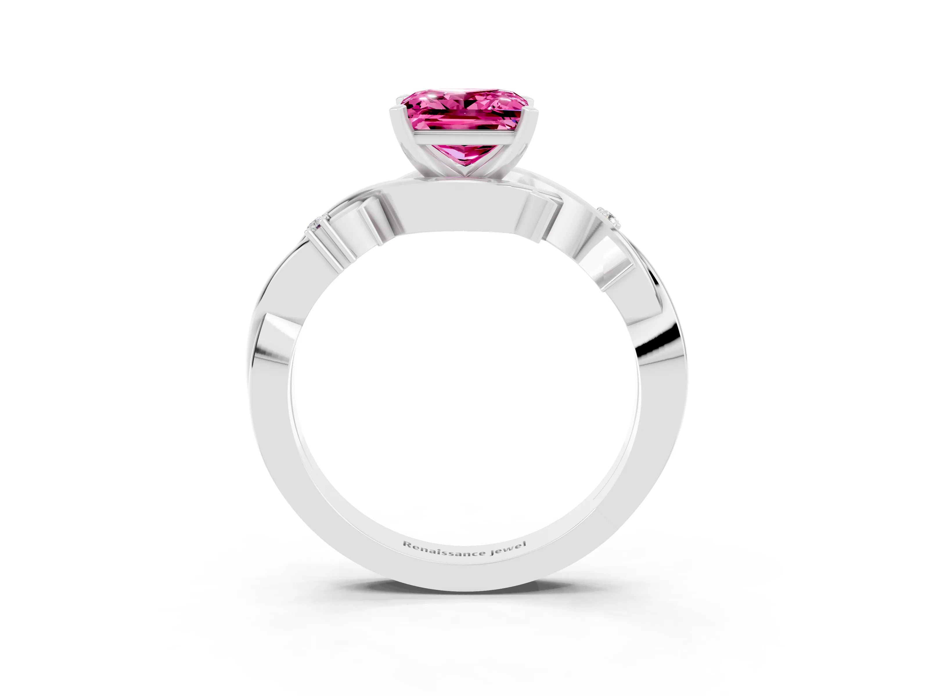 White gold Princess Cut Pink Sapphire Solitaire Ring with Twisted Band and Prong Setting_3