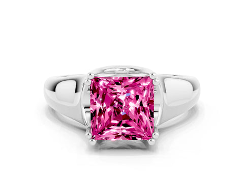 White gold Princess Cut Pink Sapphire Solitaire Ring with Wide Band and Prong Setting_24