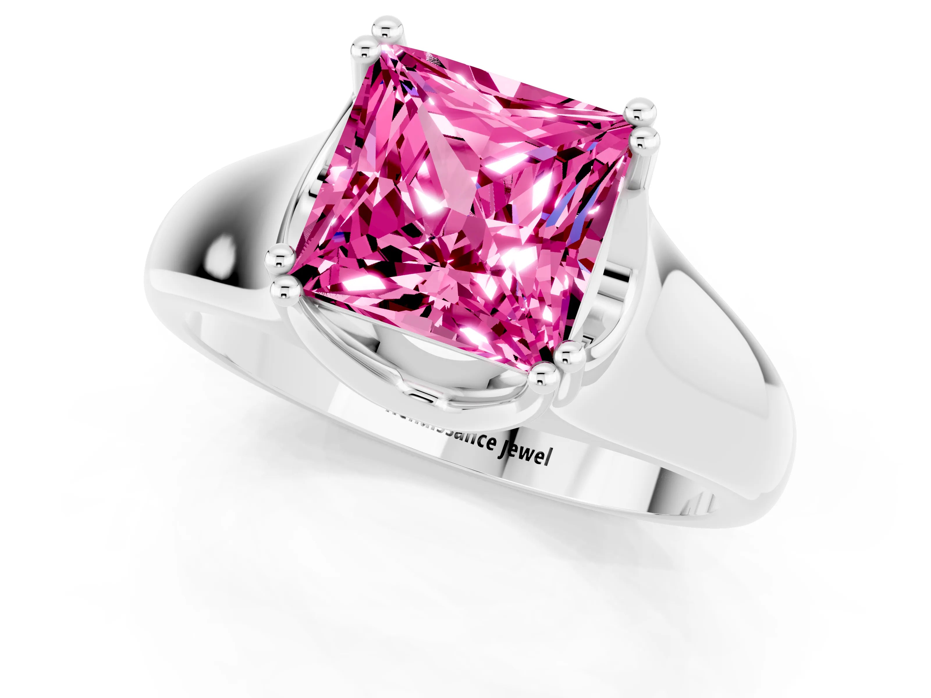 White gold Princess Cut Pink Sapphire Solitaire Ring with Wide Band and Prong Setting_25