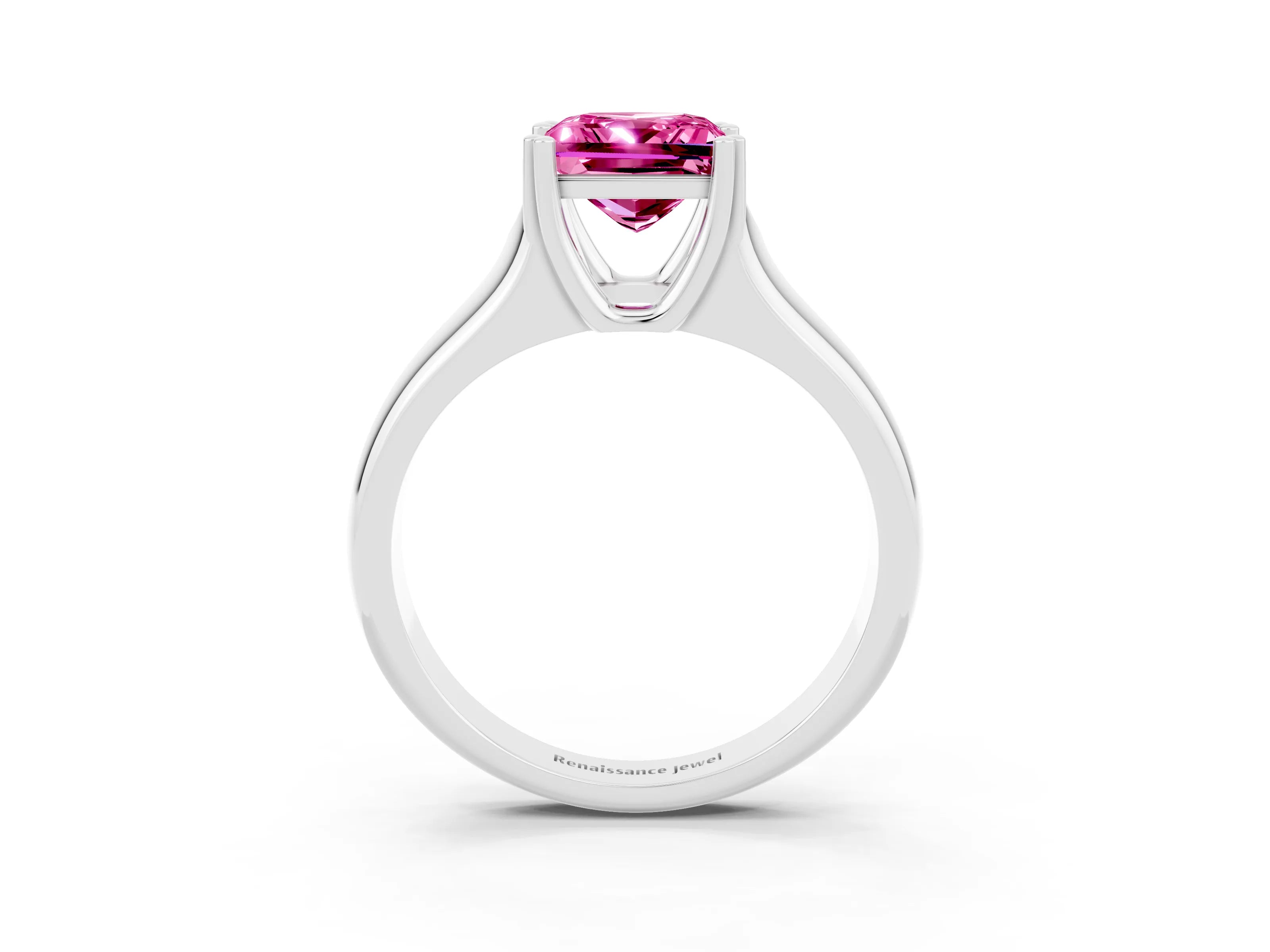 White gold Princess Cut Pink Sapphire Solitaire Ring with Wide Band and Prong Setting_27