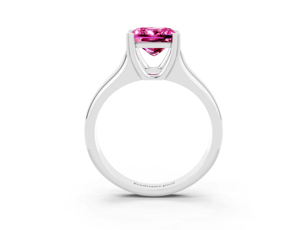 Silver Princess Cut Pink Sapphire Solitaire Ring with Wide Band and Prong Setting