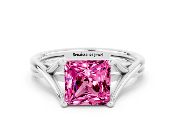 White gold Princess Cut Pink Sapphire Solitaire Twist Band Prong Setting Ring