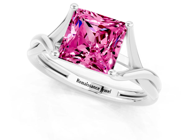 White gold Princess Cut Pink Sapphire Solitaire Twist Band Prong Setting Ring