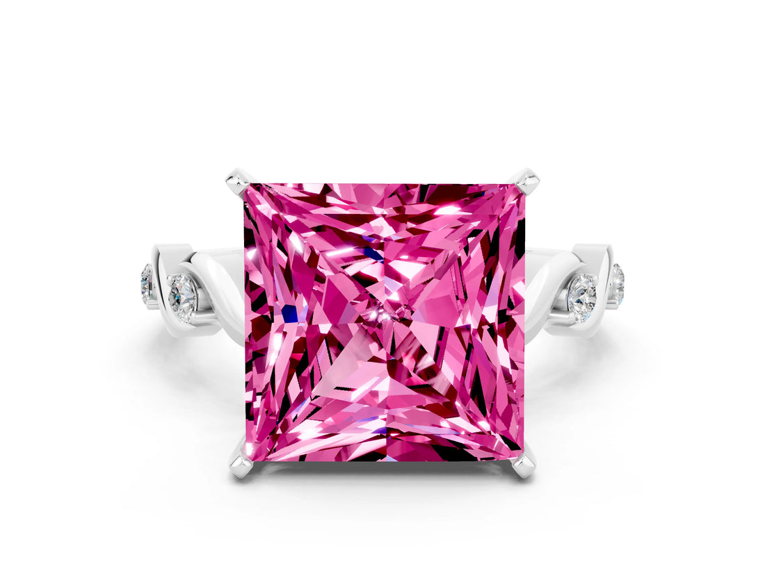 White gold Princess Cut Pink Sapphire Solitaire Twisted Band with Round  Accents and Prong Setting_12