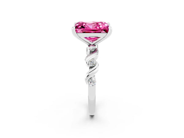 Platinum Princess Cut Pink Sapphire Solitaire Twisted Band with Round  Accents and Prong Setting