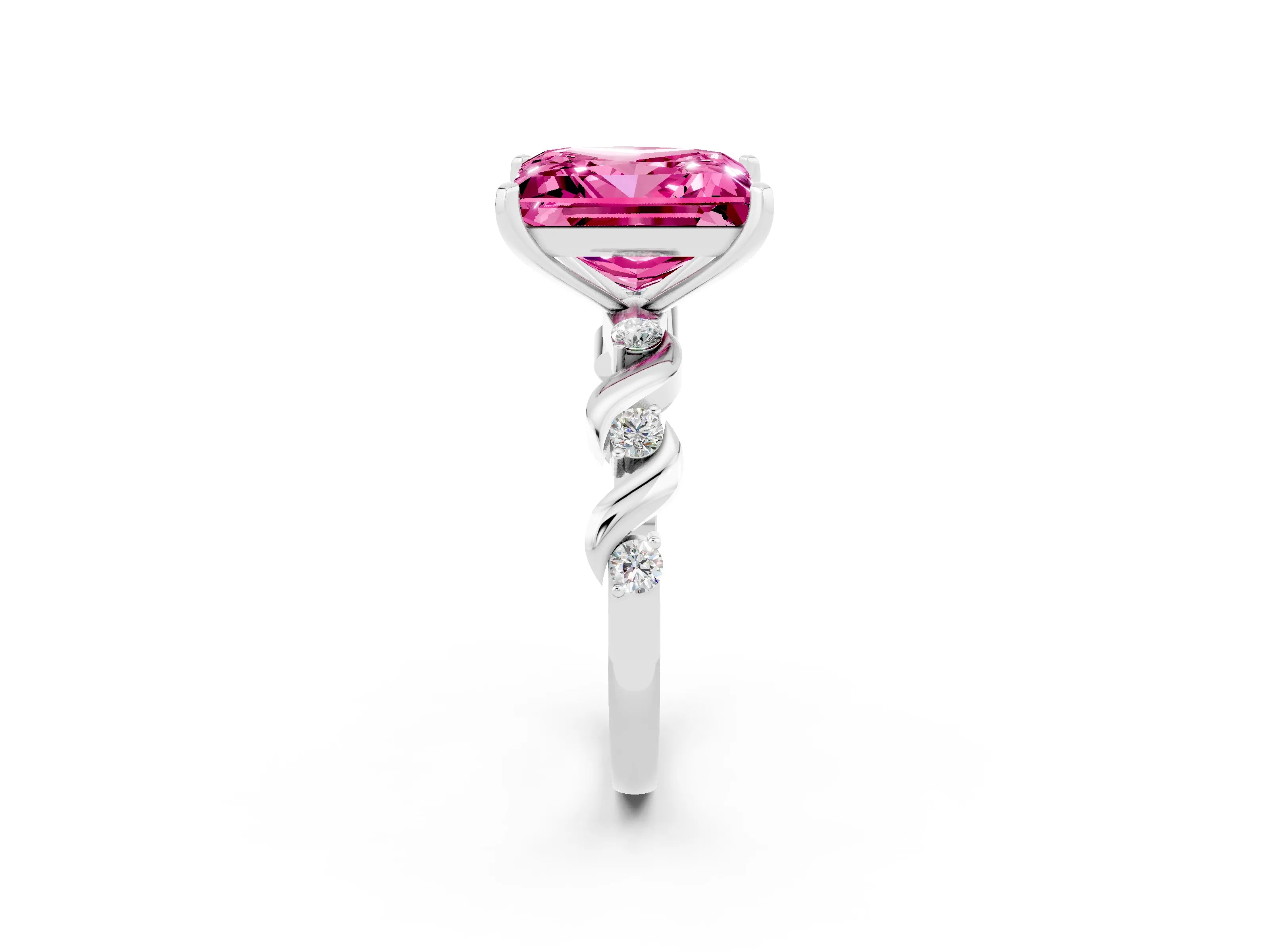 White gold Princess Cut Pink Sapphire Solitaire Twisted Band with Round  Accents and Prong Setting_14