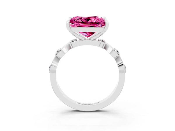 Platinum Princess Cut Pink Sapphire Solitaire Twisted Band with Round  Accents and Prong Setting