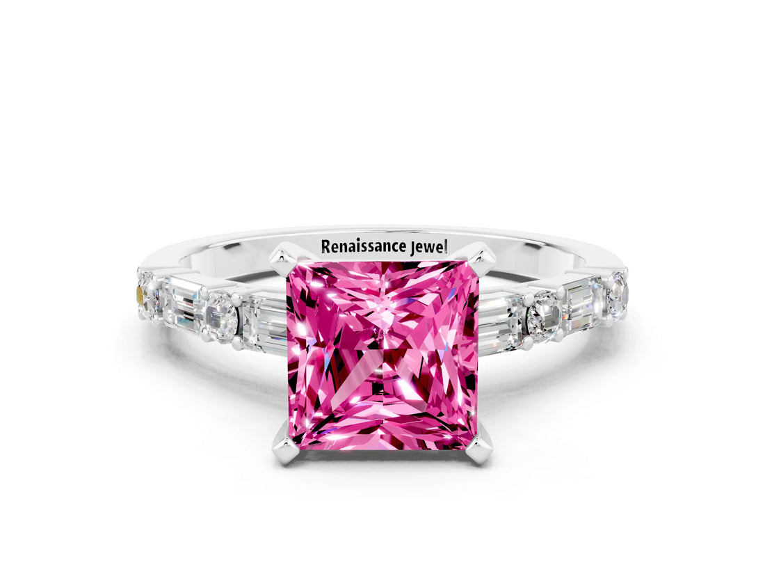 White gold Princess Cut Pink Sapphire Solitaire with Side Baguettes and Channel Set Band_24