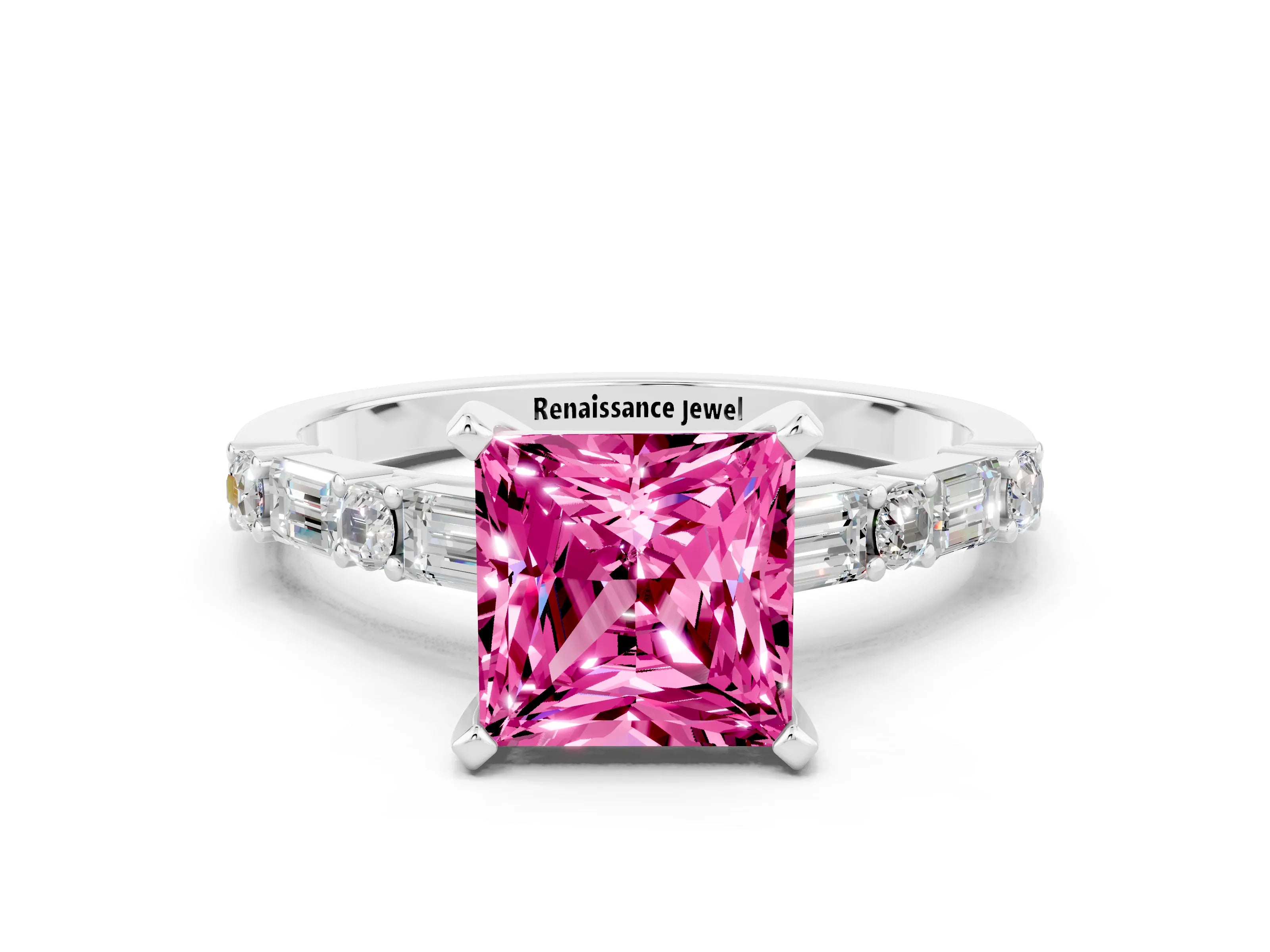 White gold Princess Cut Pink Sapphire Solitaire with Side Baguettes and Channel Set Band_24
