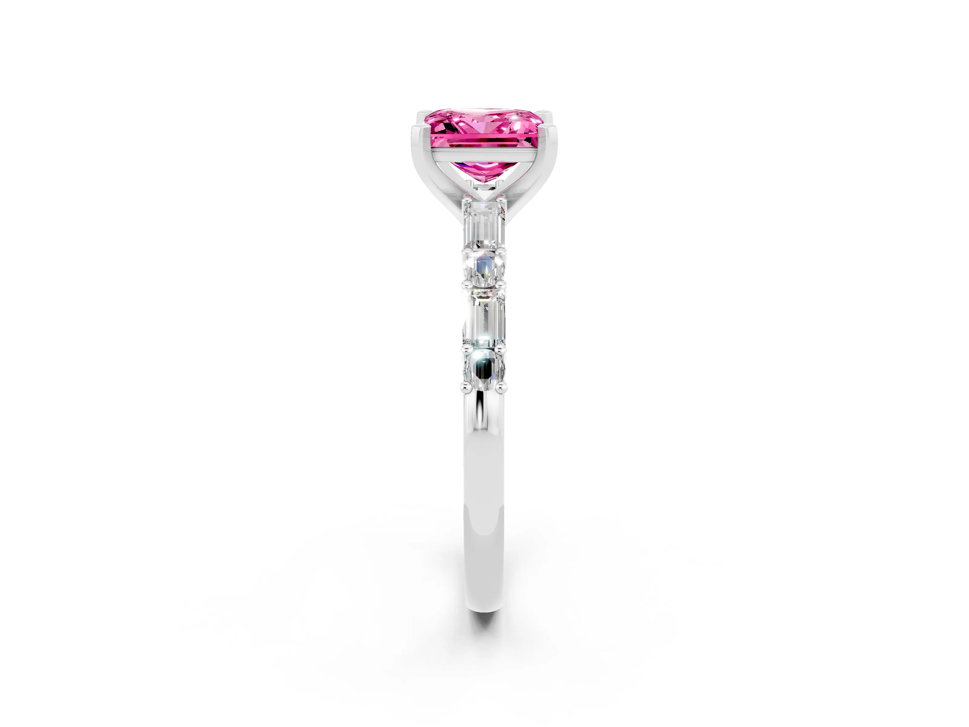 White gold Princess Cut Pink Sapphire Solitaire with Side Baguettes and Channel Set Band_26