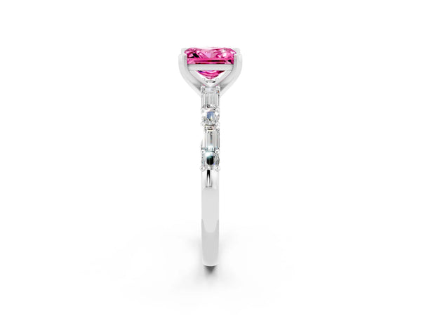 White gold Princess Cut Pink Sapphire Solitaire with Side Baguettes and Channel Set Band