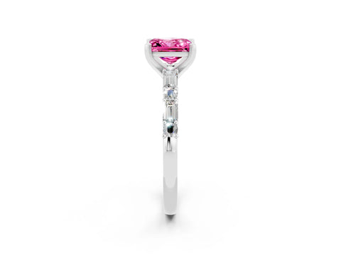 White gold Princess Cut Pink Sapphire Solitaire with Side Baguettes and Channel Set Band_26
