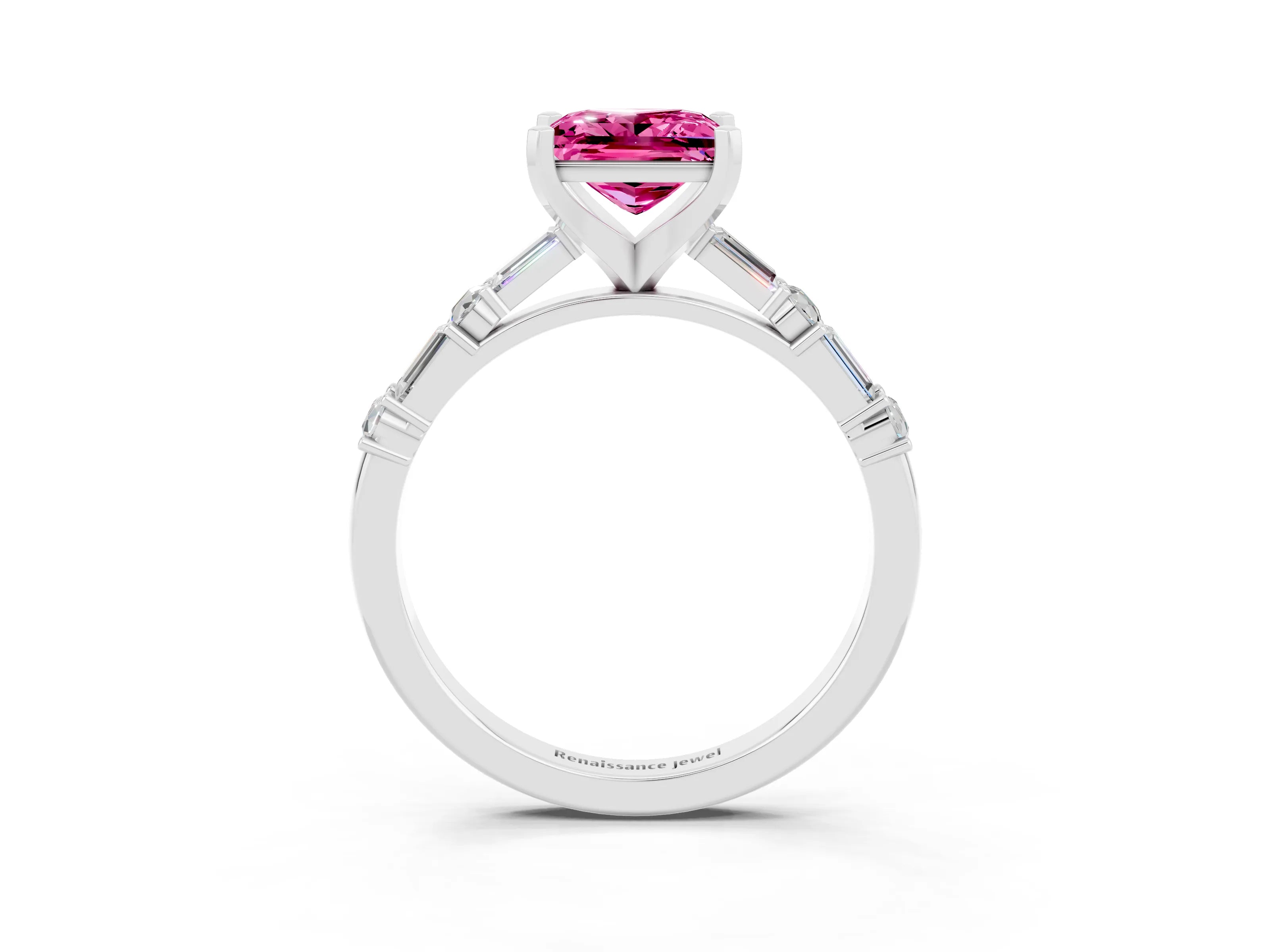 White gold Princess Cut Pink Sapphire Solitaire with Side Baguettes and Channel Set Band_27