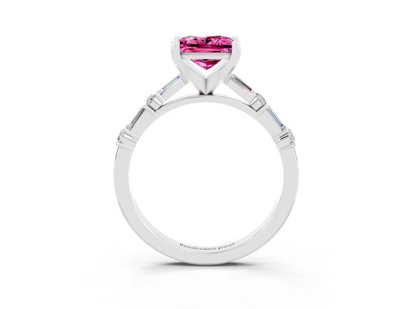 Silver Princess Cut Pink Sapphire Solitaire with Side Baguettes and Channel Set Band
