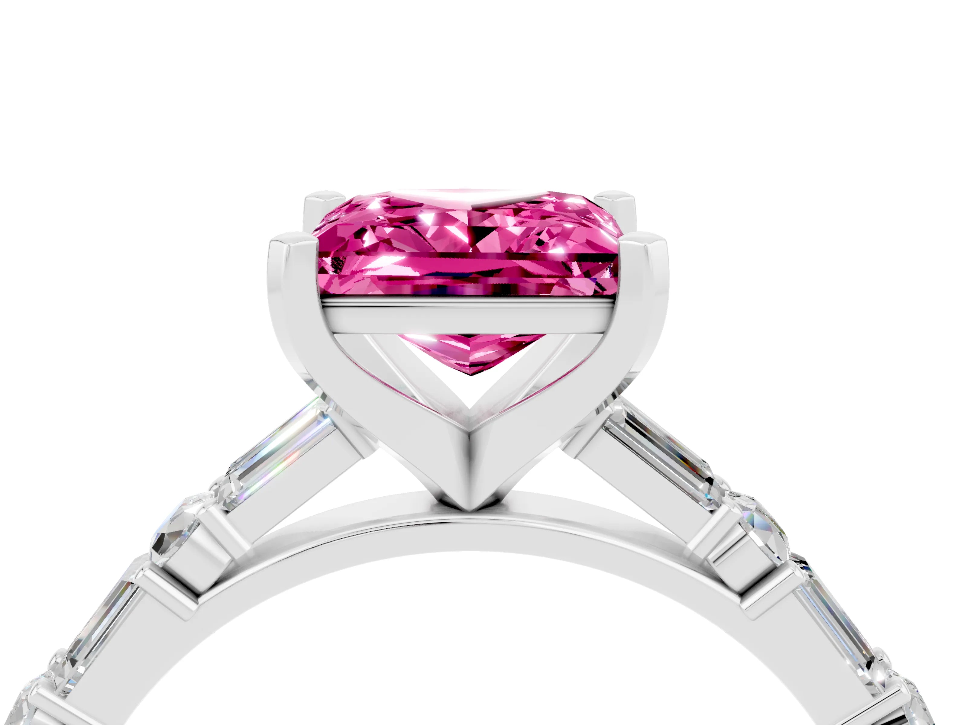 White gold Princess Cut Pink Sapphire Solitaire with Side Baguettes and Channel Set Band_28