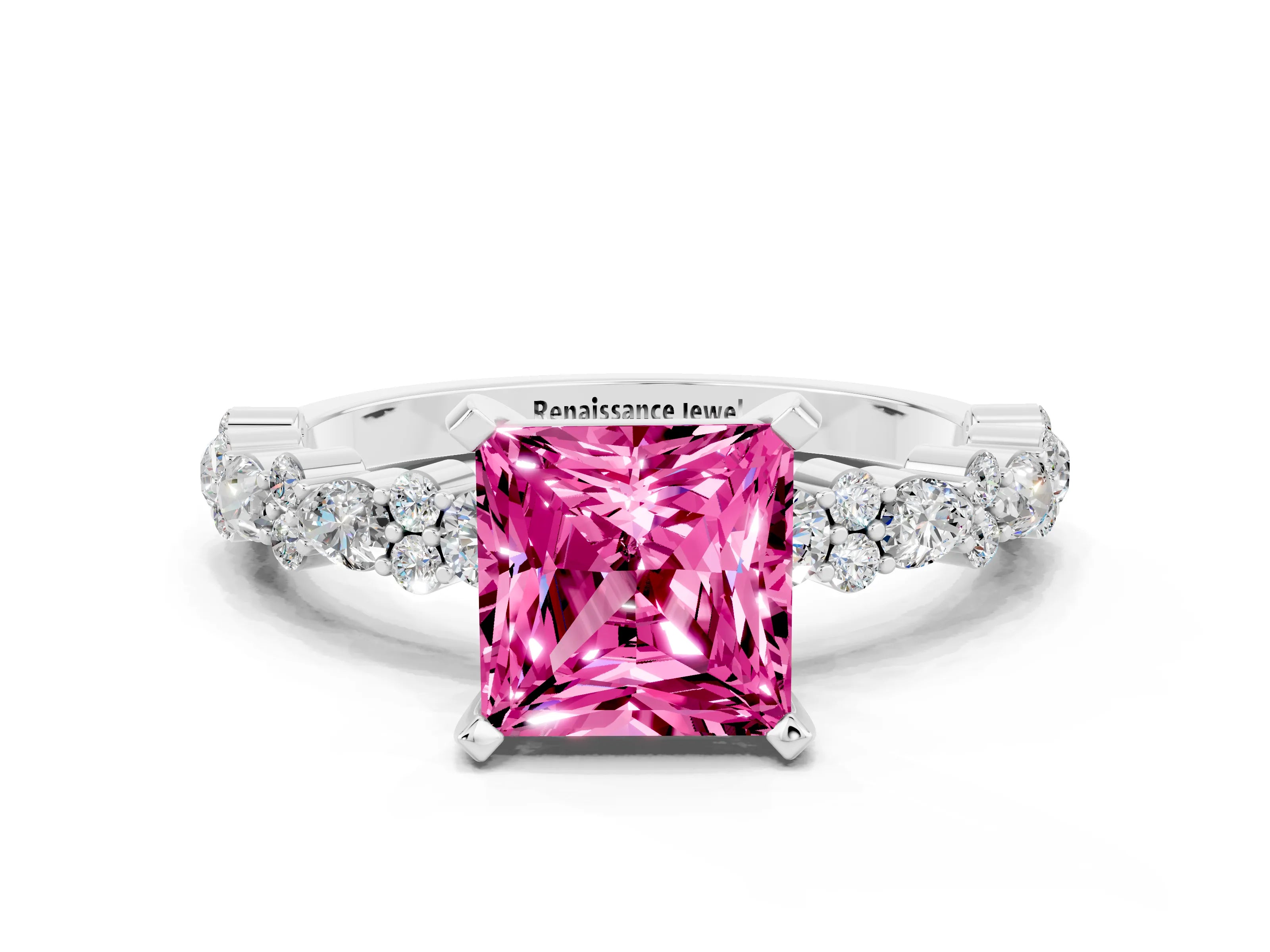 White gold Princess Cut Pink Sapphire Solitaire with Side Stones, Pave Band, Four-Prong Setting_60