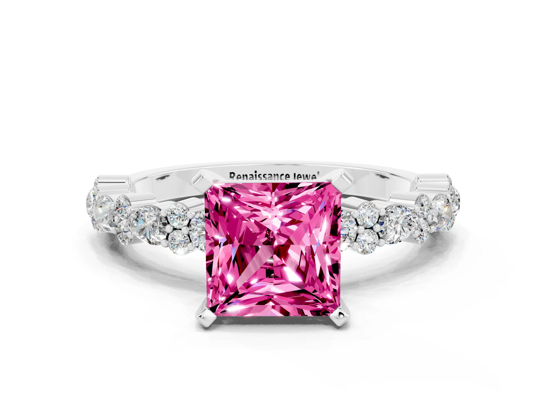 White gold Princess Cut Pink Sapphire Solitaire with Side Stones, Pave Band, Four-Prong Setting_60