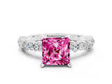 White gold Princess Cut Pink Sapphire Solitaire with Side Stones, Pave Band, Four-Prong Setting_60