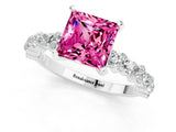 White gold Princess Cut Pink Sapphire Solitaire with Side Stones, Pave Band, Four-Prong Setting_61
