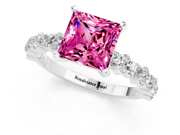 Platinum Princess Cut Pink Sapphire Side Stone Solitaire Ring with Round  and Four-Prong Setting