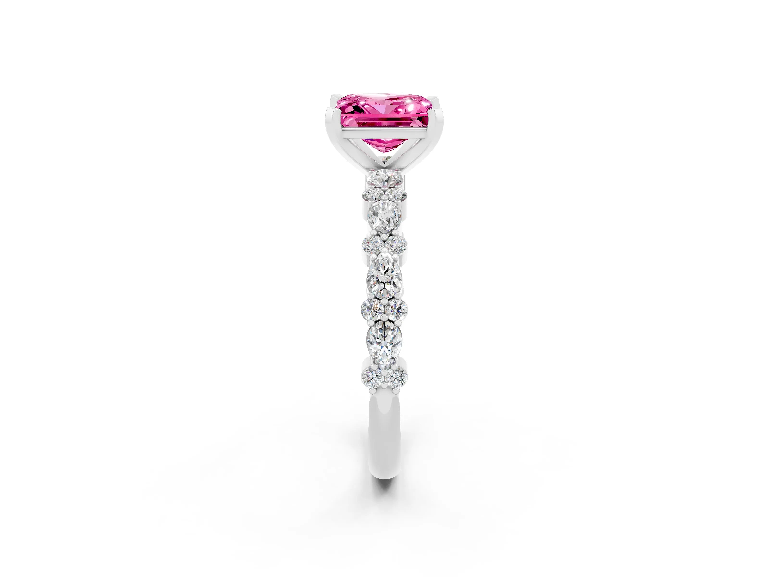 White gold Princess Cut Pink Sapphire Solitaire with Side Stones, Pave Band, Four-Prong Setting_62