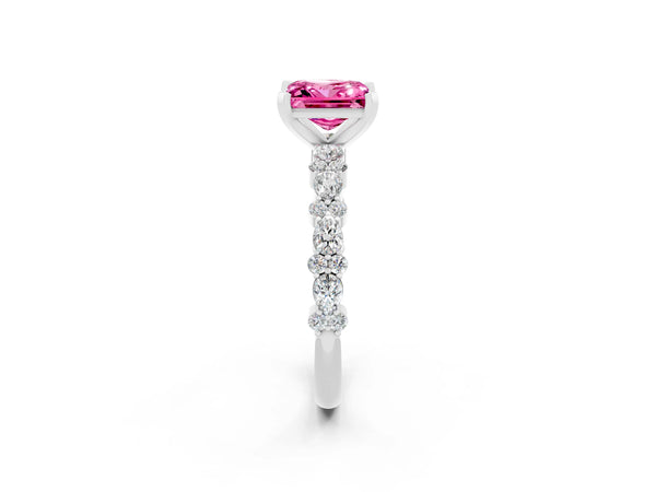 Silver Princess Cut Pink Sapphire Side Stone Solitaire Ring with Round  and Four-Prong Setting