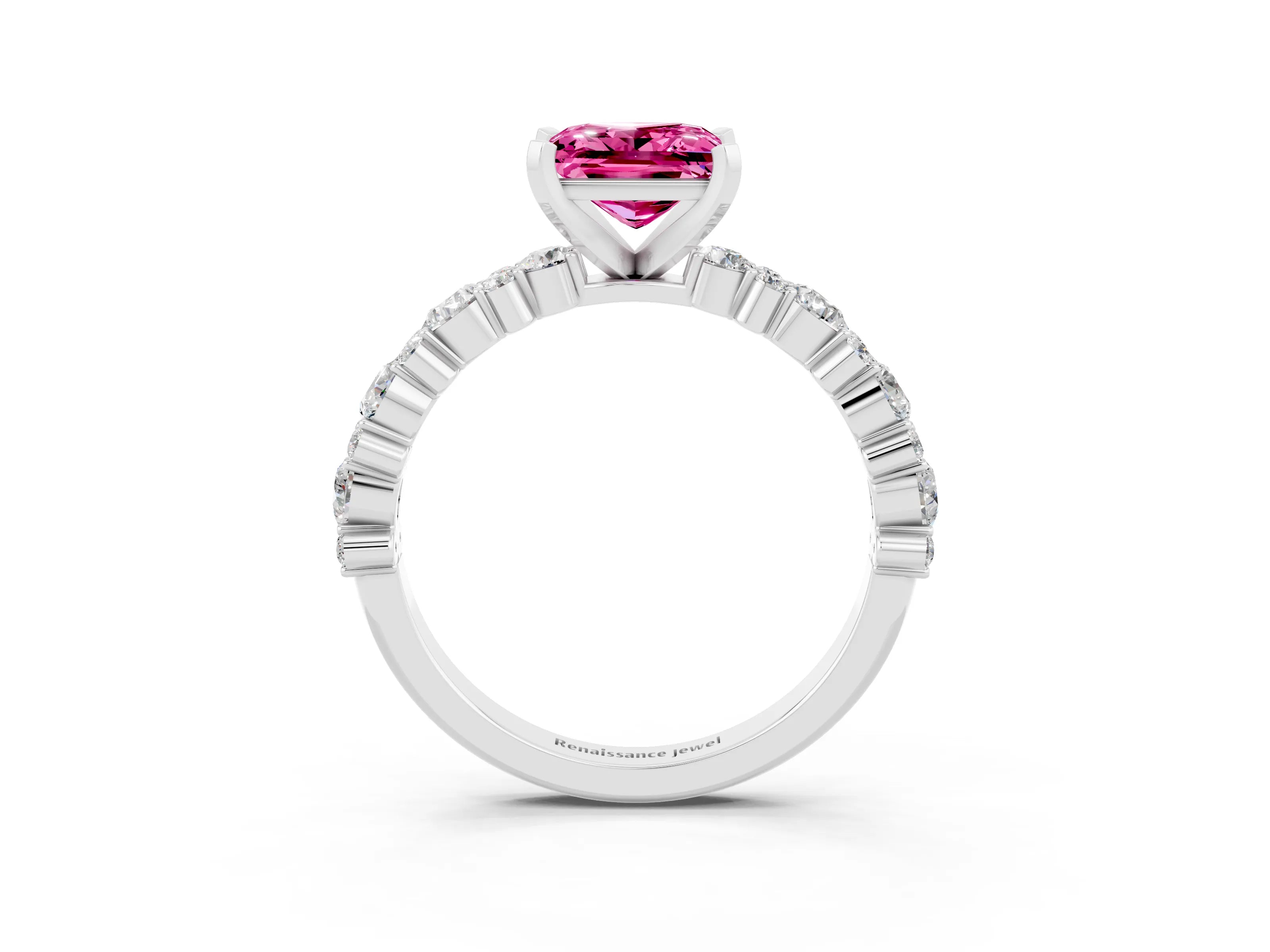 White gold Princess Cut Pink Sapphire Solitaire with Side Stones, Pave Band, Four-Prong Setting_63