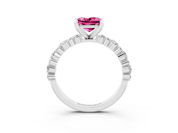 White gold Princess Cut Pink Sapphire Side Stone Solitaire Ring with Round  and Four-Prong Setting