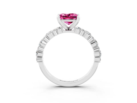 White gold Princess Cut Pink Sapphire Solitaire with Side Stones, Pave Band, Four-Prong Setting_63