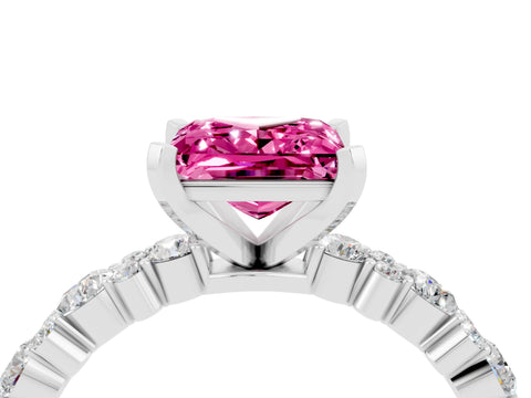 White gold Princess Cut Pink Sapphire Solitaire with Side Stones, Pave Band, Four-Prong Setting_64