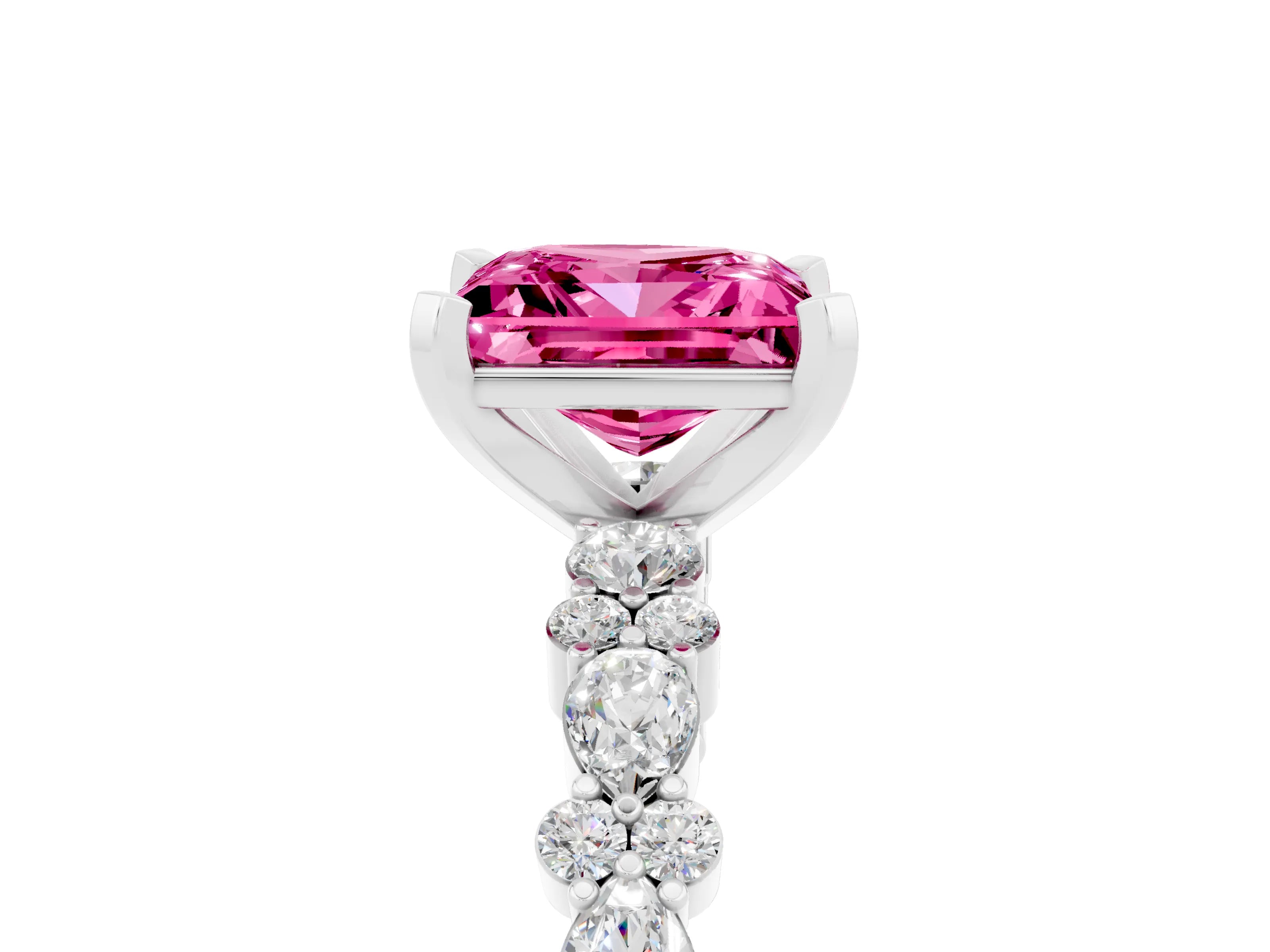 White gold Princess Cut Pink Sapphire Solitaire with Side Stones, Pave Band, Four-Prong Setting_65