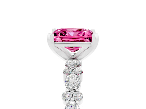 White gold Princess Cut Pink Sapphire Solitaire with Side Stones, Pave Band, Four-Prong Setting_65
