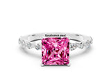White gold Princess Cut Pink Sapphire Solitaire with Side Stones on a Pavé Band and Four-Prong Setting_24