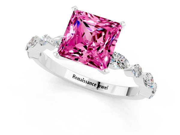 White gold Princess Cut Pink Sapphire Ring with Marquise and Round  Side Stones and Four-Prong Setting
