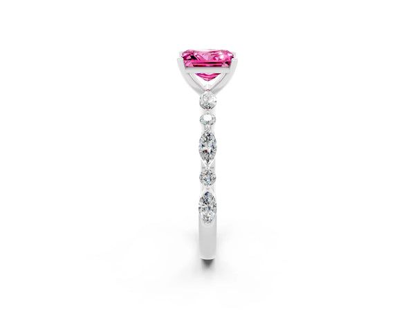 White gold Princess Cut Pink Sapphire Ring with Marquise and Round  Side Stones and Four-Prong Setting