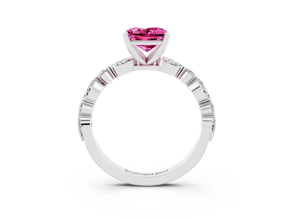 White gold Princess Cut Pink Sapphire Ring with Marquise and Round  Side Stones and Four-Prong Setting