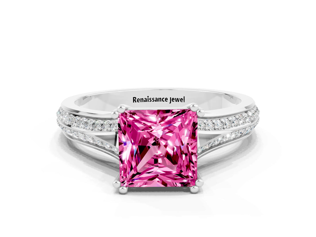White gold Princess Cut Pink Sapphire Split Shank Engagement Ring with Pavé Band_24