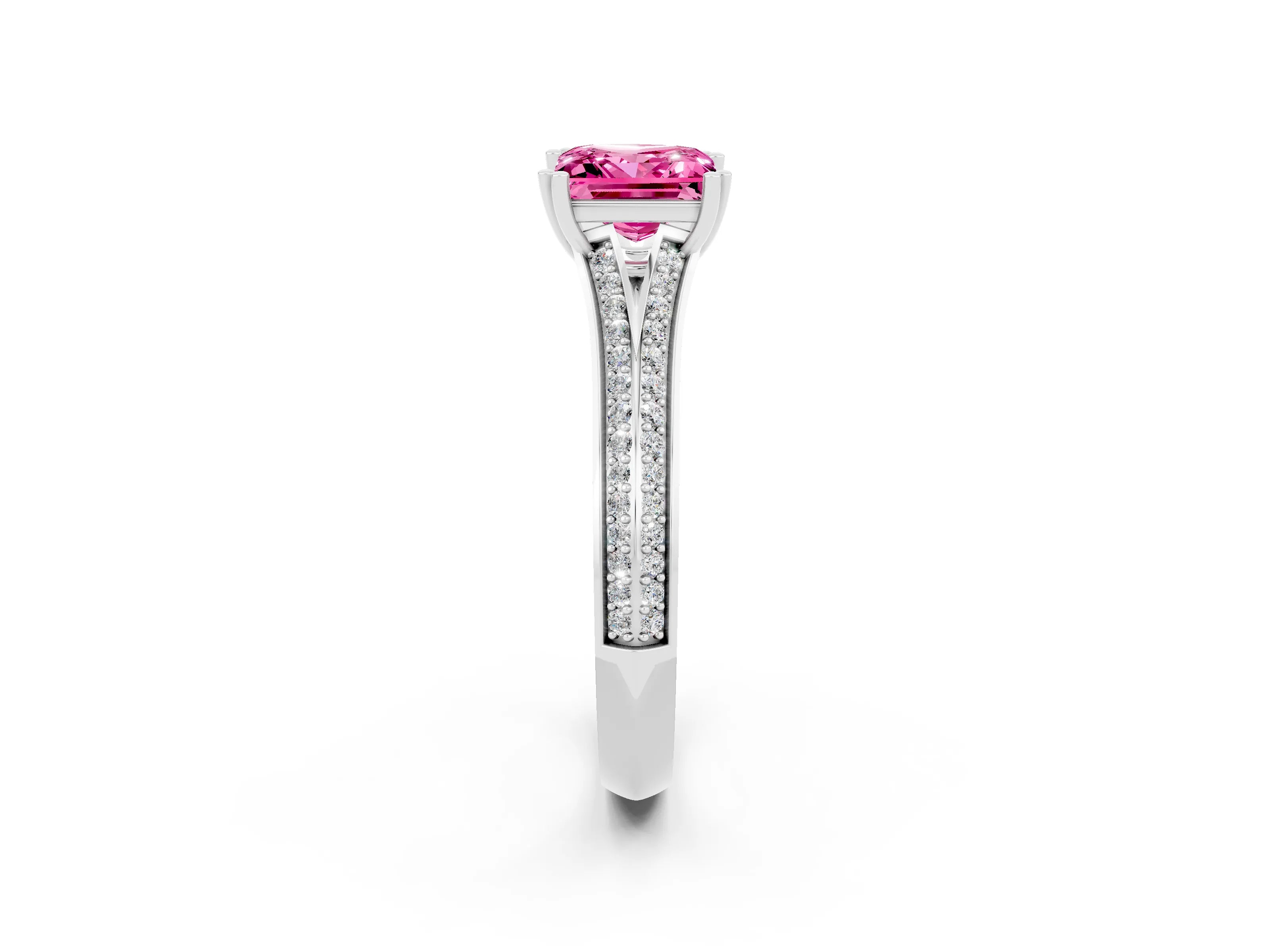 White gold Princess Cut Pink Sapphire Split Shank Engagement Ring with Pavé Band_26