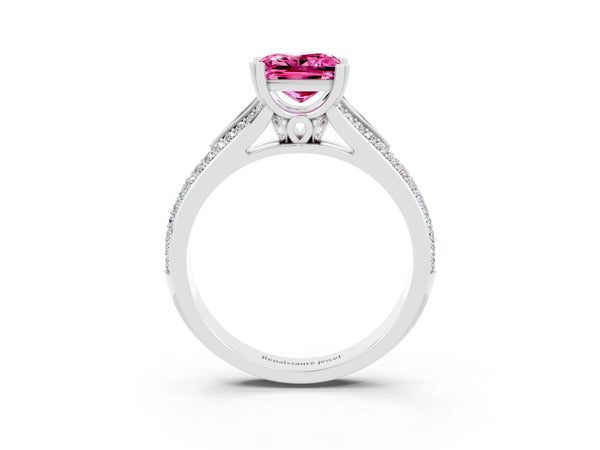Platinum Princess Cut Pink Sapphire Split Shank Engagement Ring with Pavé Band