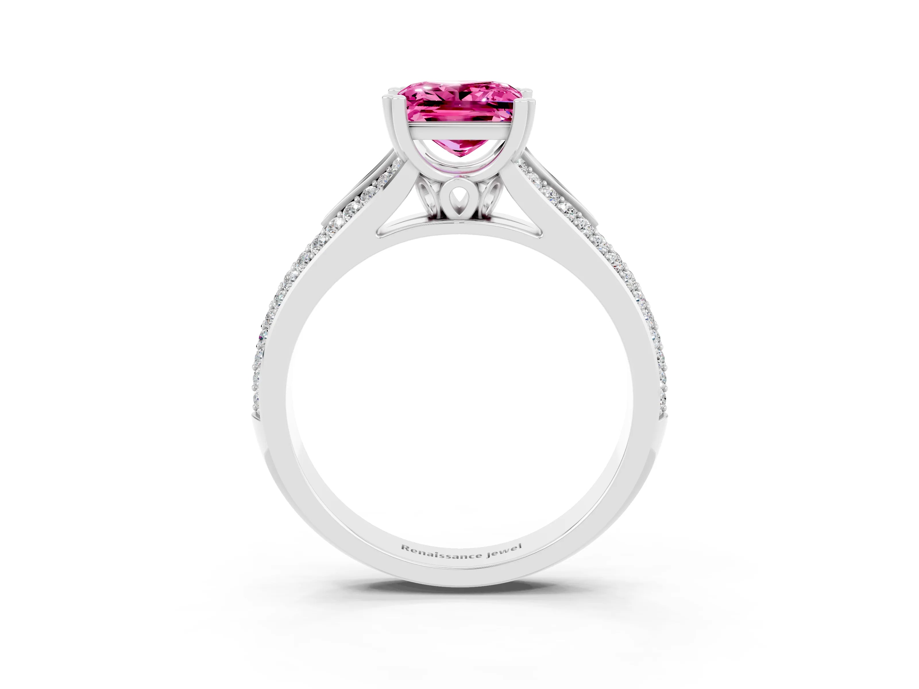 White gold Princess Cut Pink Sapphire Split Shank Engagement Ring with Pavé Band_27