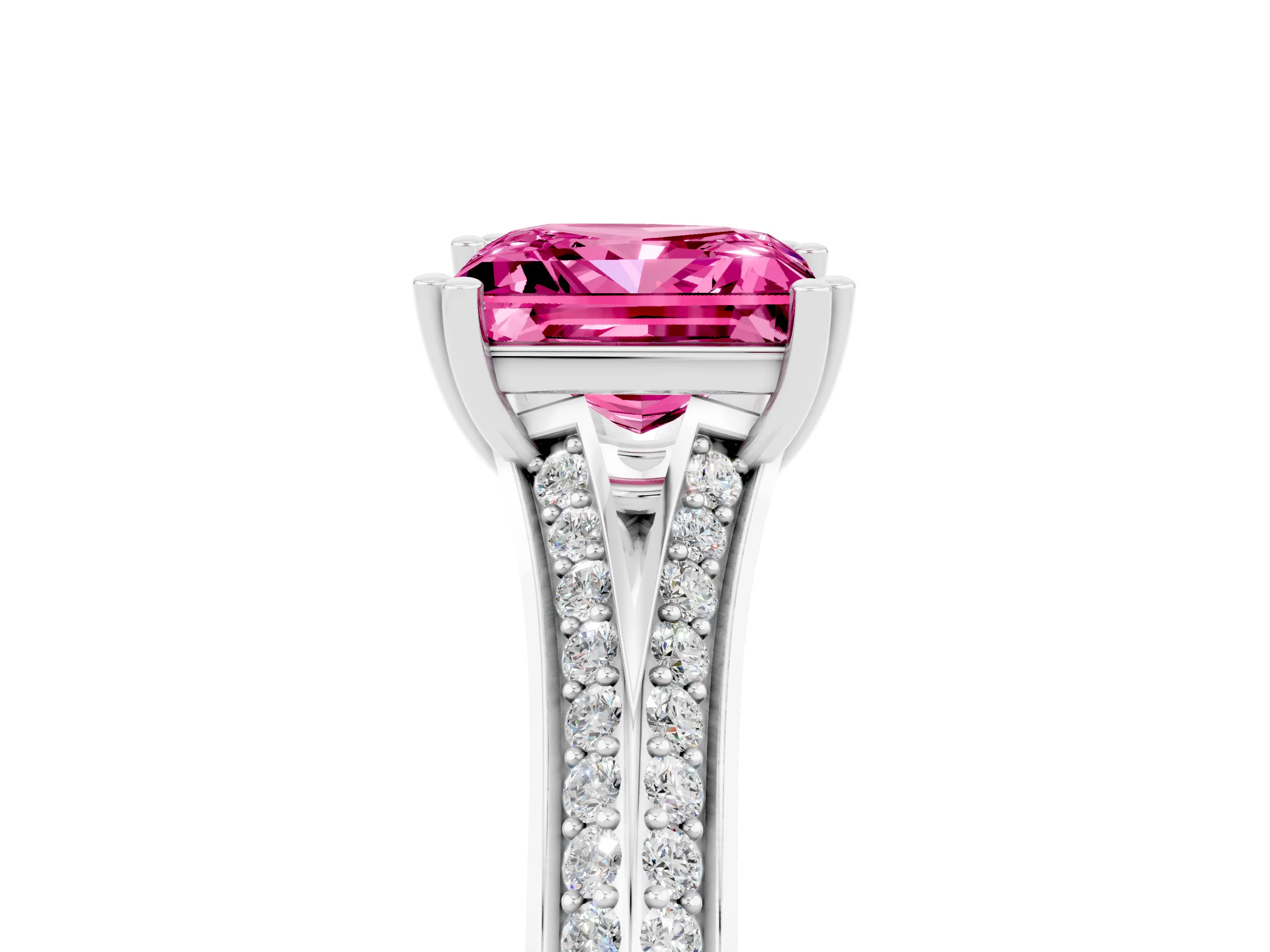 White gold Princess Cut Pink Sapphire Split Shank Engagement Ring with Pavé Band_29