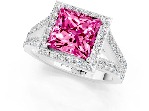Silver Princess Cut Pink Sapphire Split Shank Halo Ring with Four-Prong Setting