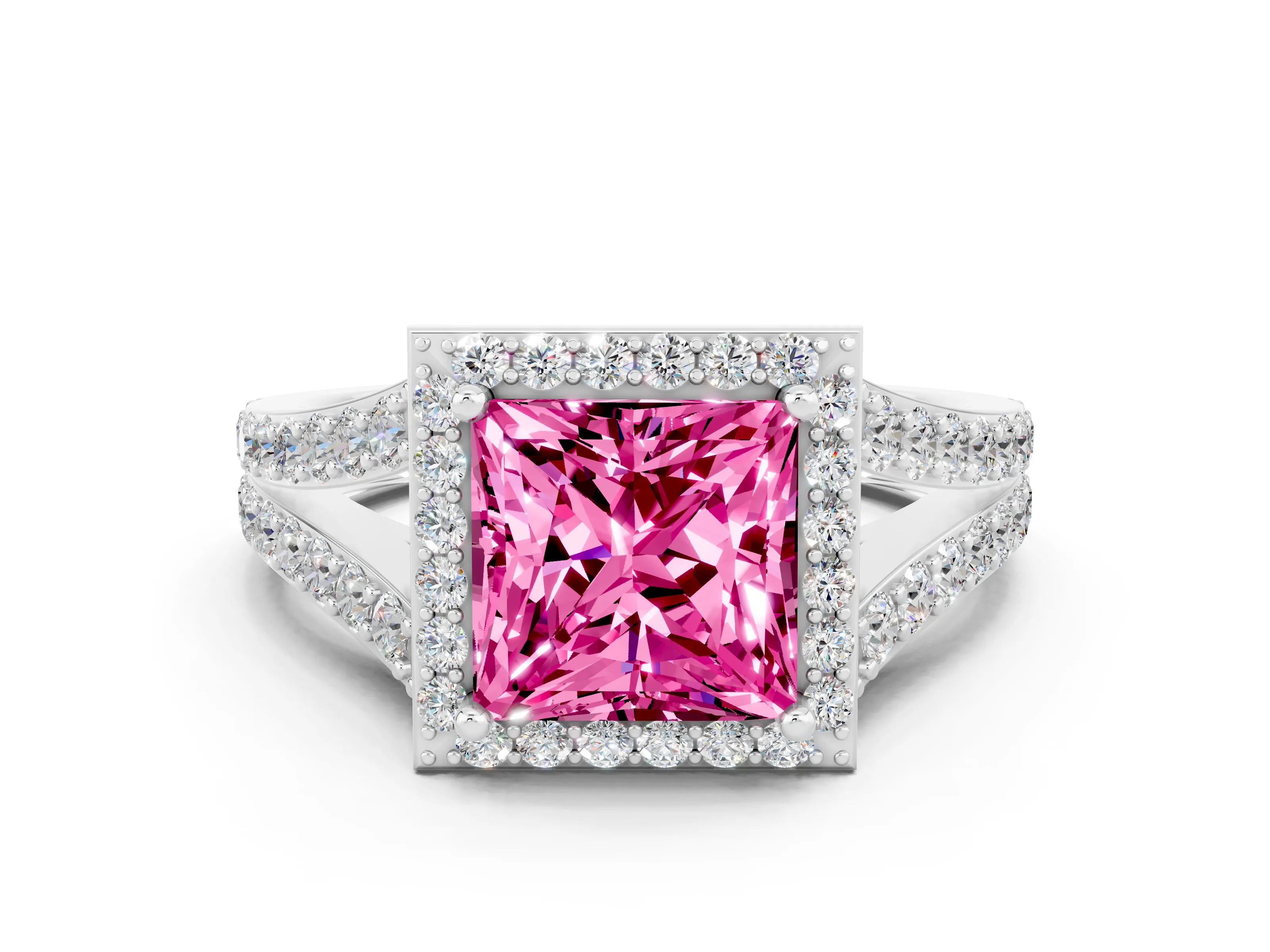 White gold Princess Cut Pink Sapphire Split Shank Halo Ring with Four-Prong Setting_60